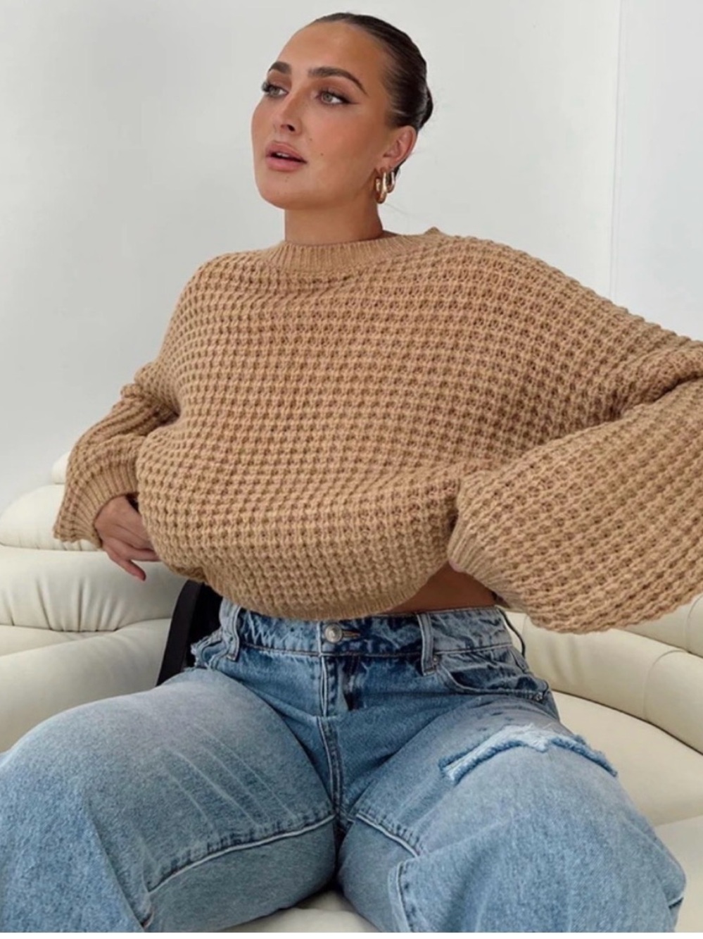 Princess Polly Calvary Sweater in Beige - Waffle Knit